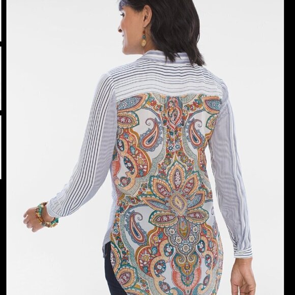 Chico's Striped Medallion Tunic Sz 2P (12/14P) Mixed Media Embroidered 294C - Picture 2 of 11